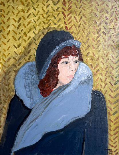 Artistic depiction of a person wearing a blue coat and hat against a textured yellow background. Original painting titled Thelma by artist Teri Stephens