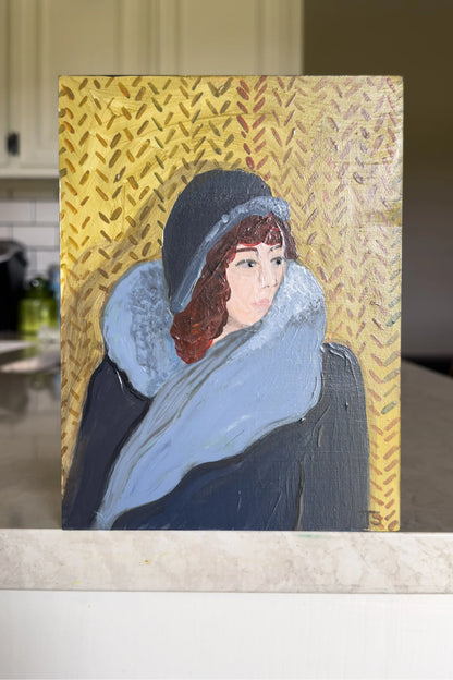 Painting of a woman with a blue shawl on a textured yellow background (Thelma by Teri Stephens)