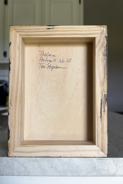 artist signature, Teri Stephens, on back of original portrait titled "Thelma"