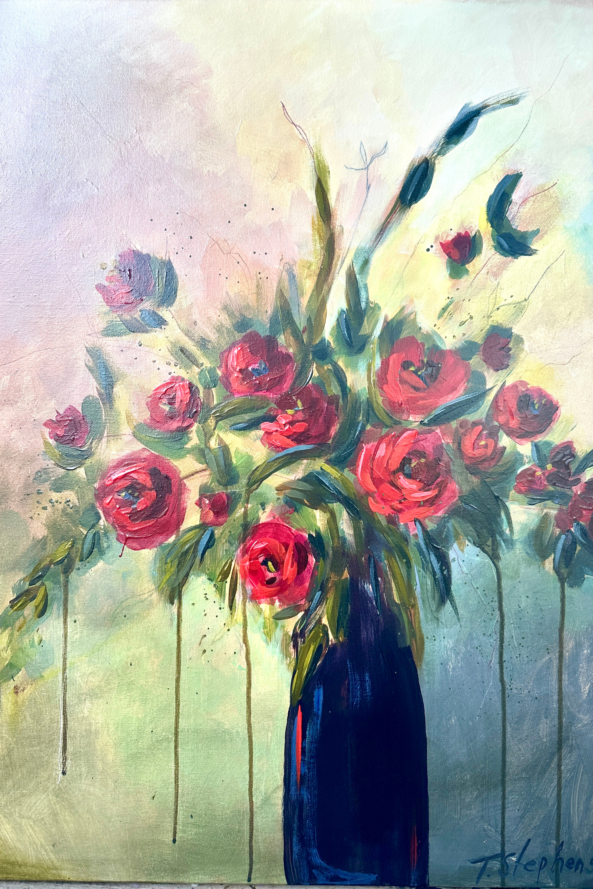 Original painting titled Tomorrow by artist Teri Stephens, 24 x 30 on gallery canvas, featuring bold red blooms on strong green stems in a rich blue vase on a muted, atmospheric background