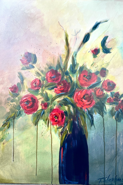 Original painting titled Tomorrow by artist Teri Stephens, 24 x 30 on gallery canvas, featuring bold red blooms on strong green stems in a rich blue vase on a muted, atmospheric background
