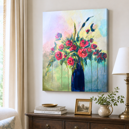Original painting titled Tomorrow by artist Teri Stephens, 24 x 30 on gallery canvas, featuring bold red blooms on strong green stems in a rich blue vase on a muted, atmospheric background, styled in a traditional warm interior