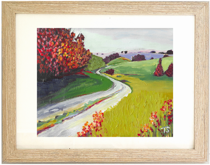 Framed painting of a colorful landscape with a winding road and trees. Trail by artist Teri Stephens