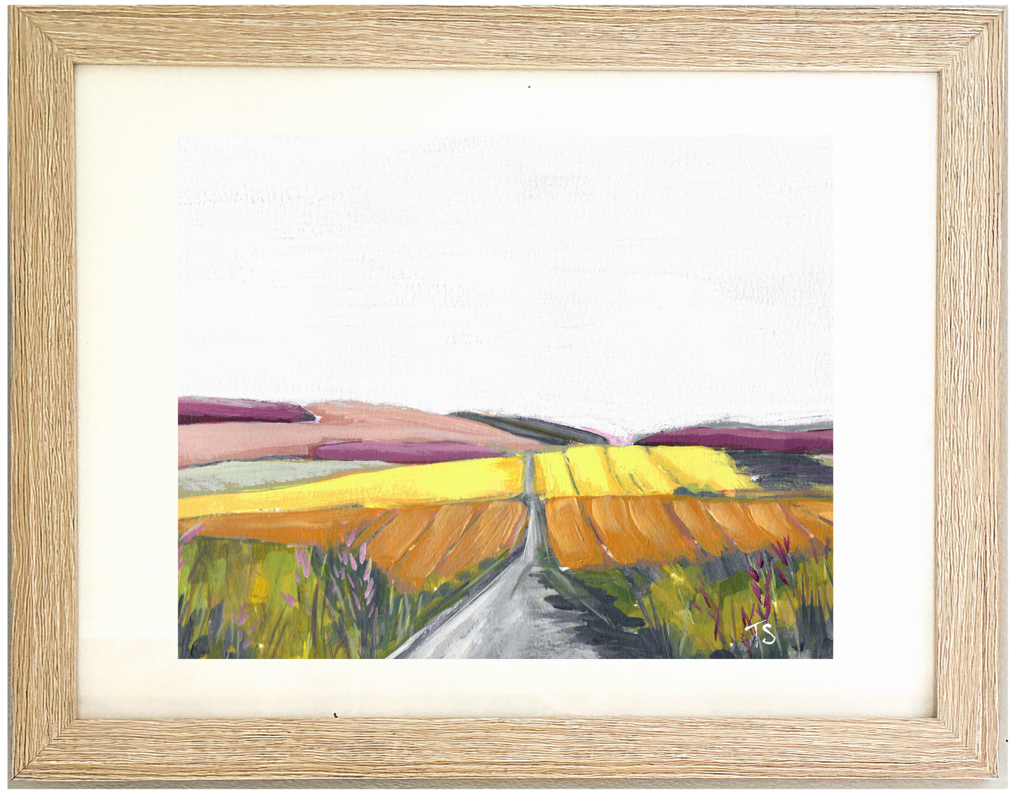Framed painting of a colorful landscape with a road, Turf by artist Teri Stephens