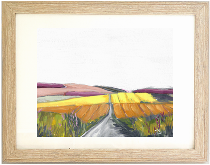 Framed painting of a colorful landscape with a road, Turf by artist Teri Stephens