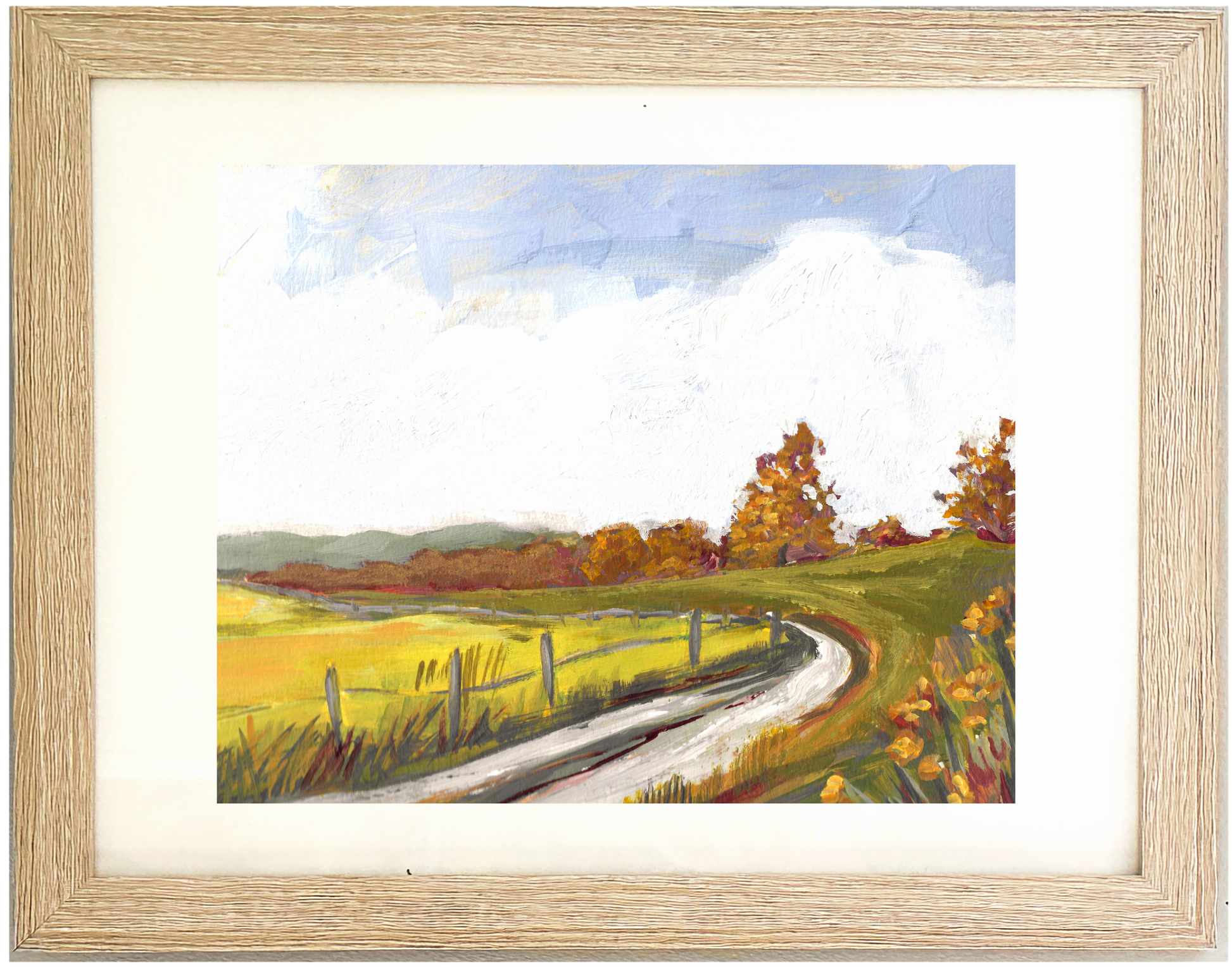 Framed painting of a rural landscape Vale by Teri Stephens. This original artwork depicts a rural country scene.