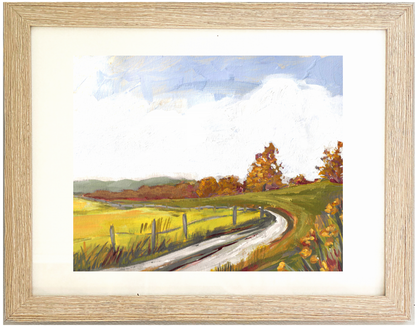 Framed painting of a rural landscape Vale by Teri Stephens. This original artwork depicts a rural country scene.