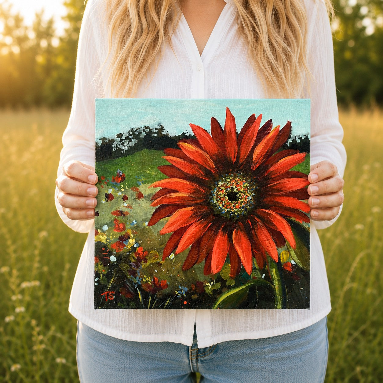 Rich red sunflower painting on a field of wildflowers, original artwork by artist Teri Stephens.