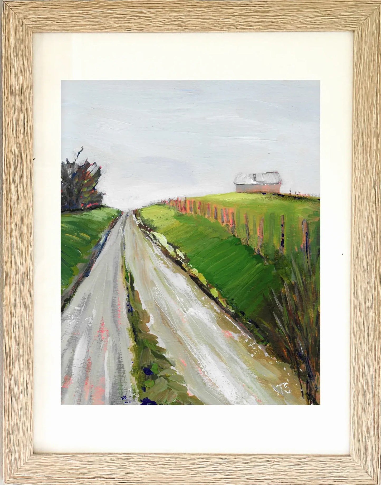 Framed painting of a rural landscape with a road and fields. Titled "Way" by Teri Stephens