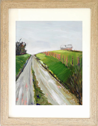 Framed painting of a rural landscape with a road and fields. Titled "Way" by Teri Stephens