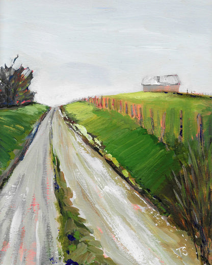Painting of a rural landscape with a road, fields, and a building. "Way" by artist Teri Stephens