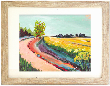 Framed original painting of a colorful landscape with a path and trees. Yarrow by Teri Stephens