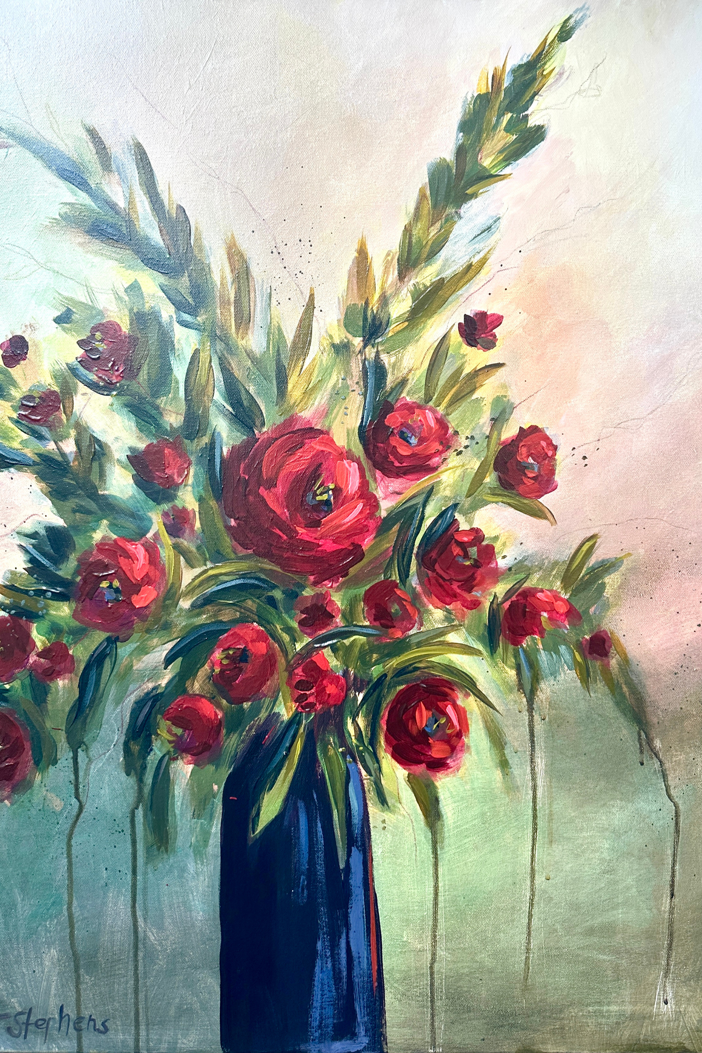Original painting titled Yesterday by artist Teri Stephens, 24 x 30 on gallery canvas, featuring bold red blooms on strong green stems in a rich blue vase on a muted, atmospheric background