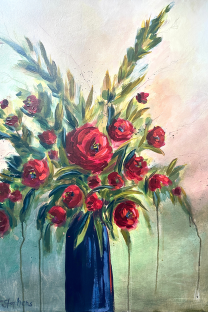Original painting titled Yesterday by artist Teri Stephens, 24 x 30 on gallery canvas, featuring bold red blooms on strong green stems in a rich blue vase on a muted, atmospheric background