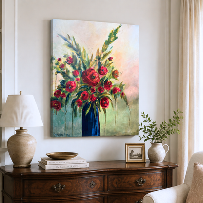 Original painting titled Yesterday by artist Teri Stephens, 24 x 30 on gallery canvas, featuring bold red blooms on strong green stems in a rich blue vase on a muted, atmospheric background Shown styled in a traditional, warm interior