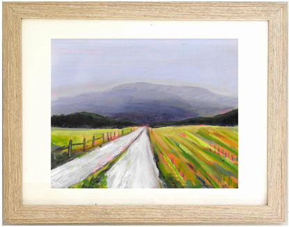 Framed painting of a landscape with a road and mountains, titled "Yonder" by Teri Stephens