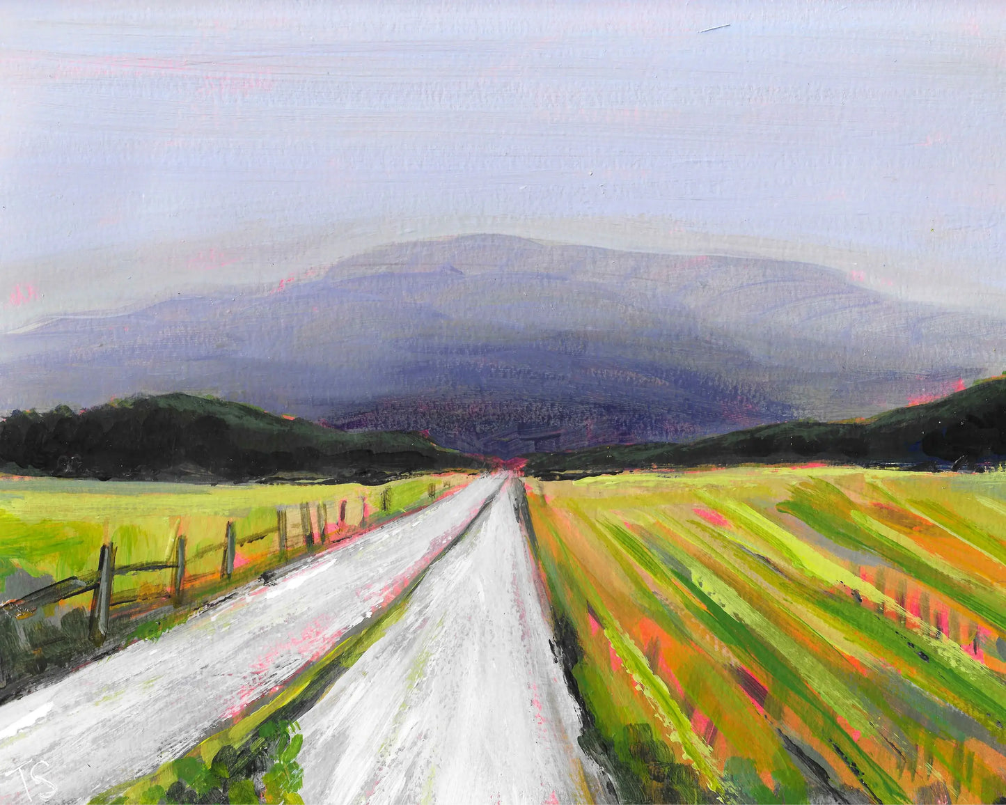 Painting of a rural landscape with a road leading to mountains. Titled "Yonder" by Teri Stephens