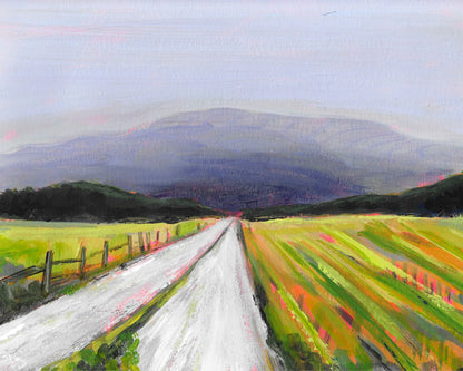 Painting of a rural landscape with a road leading to mountains. Titled "Yonder" by Teri Stephens