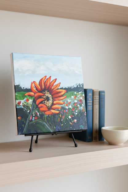 One of a kind original sunflower painting 'Blaze' by Teri Stephens – crimson and orange tones, 10x10 acrylic on canvas