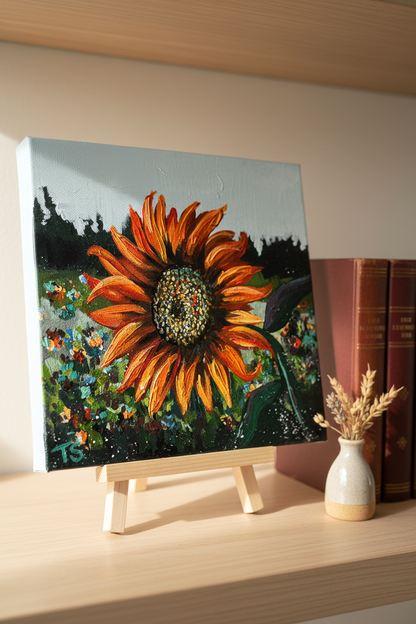 One of a kind original sunflower painting 'Burst' by Teri Stephens – textured sunflower center, 10x10 acrylic on canvas