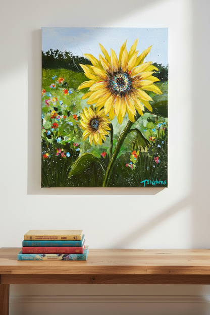 One of a kind original sunflower painting 'Glory' by Teri Stephens – bold large-scale sunflower, 16x20 acrylic on canvas 