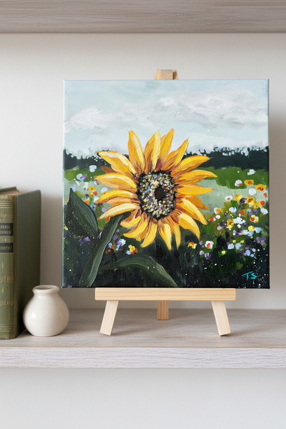 One of a kind original sunflower painting 'Golden' by Teri Stephens – classic yellow sunflower, 10x10 acrylic on canvas