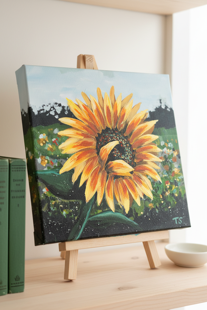 One of a kind original sunflower painting 'Halo' by Teri Stephens – radiating orange center, 10x10 acrylic on canvas