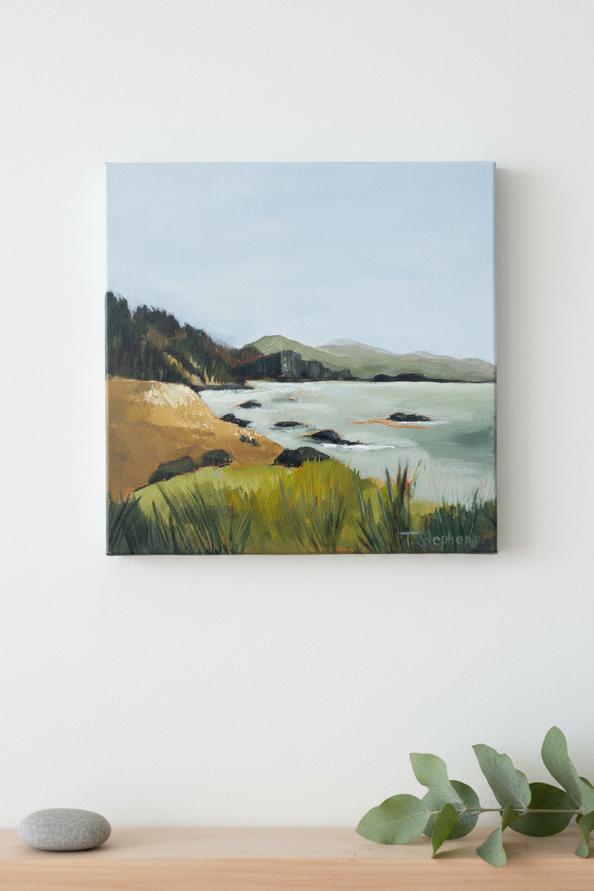 One of a kind original Pacific Northwest coastal painting 'Headland' by Teri Stephens – rugged Oregon coast, 12x12 acrylic on canvas