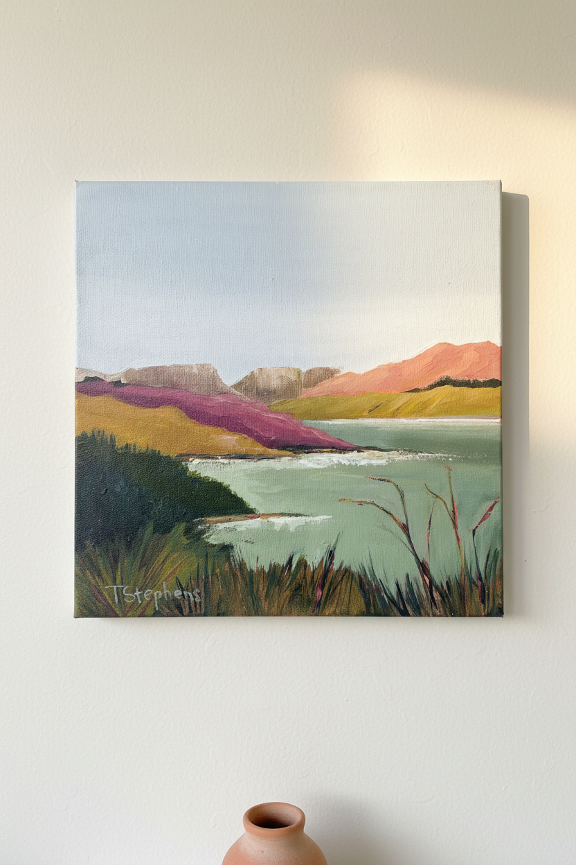One of a kind original water painting 'Reservoir' by Teri Stephens – experimental pink and orange tones, 12x12 acrylic on canvas