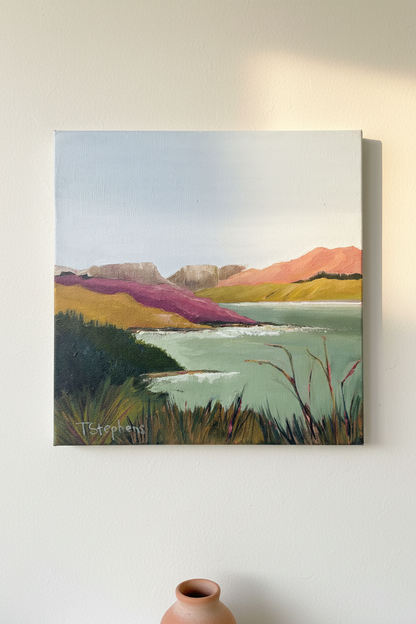 One of a kind original water painting 'Reservoir' by Teri Stephens – experimental pink and orange tones, 12x12 acrylic on canvas