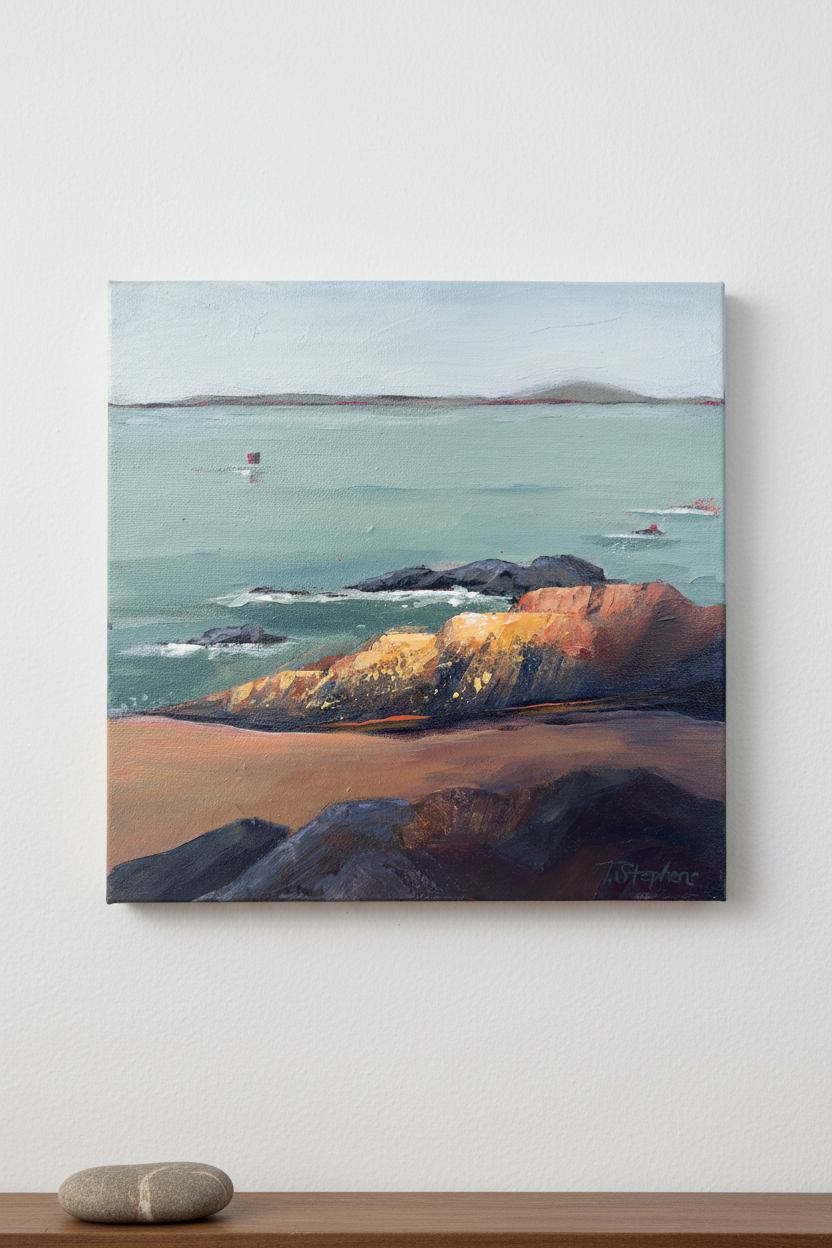 One of a kind original coastal painting 'Rock' by Teri Stephens – textural Atlantic shoreline study, 12x12 acrylic on canvas