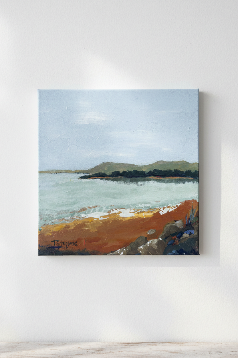 One of a kind original lake painting 'Shore' by Teri Stephens – bright Tennessee lake shoreline, 12x12 acrylic on canvas