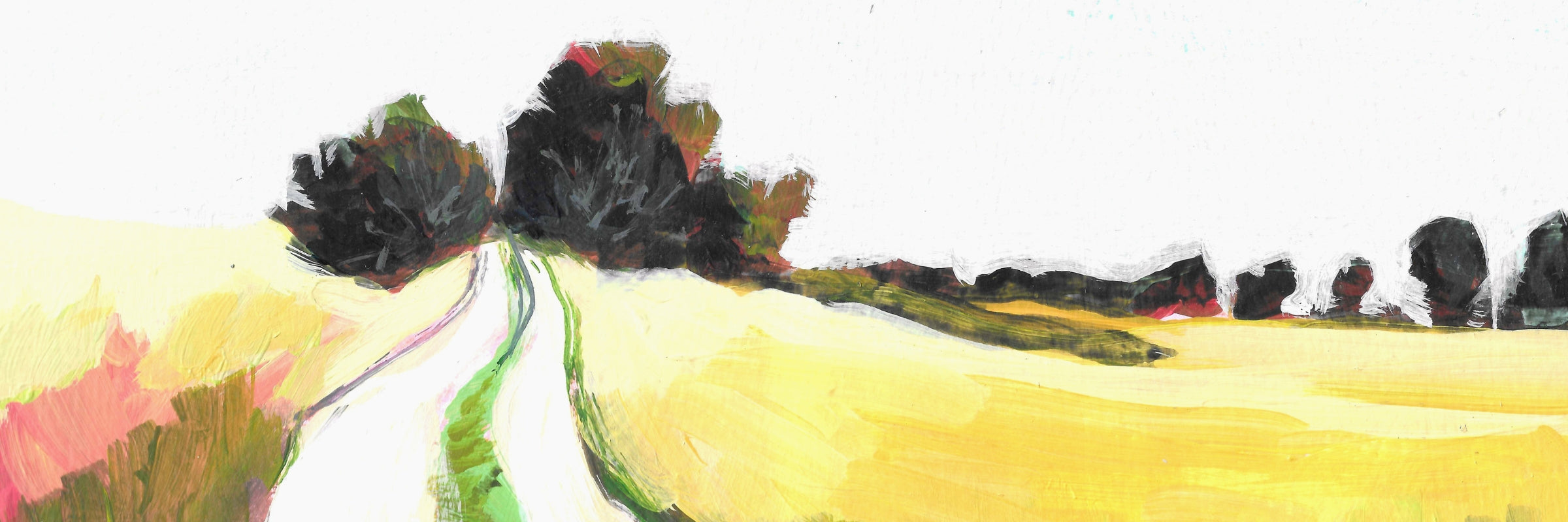 Colorful abstract landscape with fields and trees, painting titled "Road" by Teri Stephens.